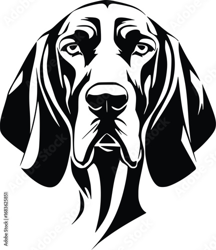 Bloodhound head silhouette with droopy ears, wrinkled face, and deep-set eyes in black vector