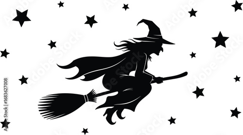 Silhouette of a witch flying on a broomstick surrounded by stars on white