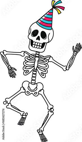 Cartoon skeleton wearing a party hat dancing on a white background illustration