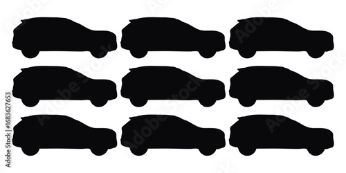 Compact car silhouette vector set, top and side views, modern hatchback vehicle design,