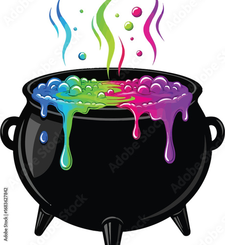 Cartoon witch's cauldron bubbling with colorful potion and rising vapor trails