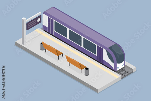 Train stopping at a station platform. Transport concept. 3d flat isometric vector illustration.