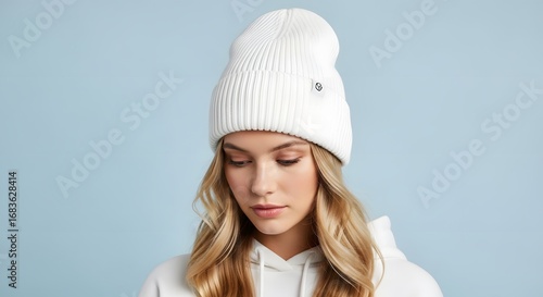 Cozy Winter White Knit Beanie Hat on Blonde Model (AI Generated)