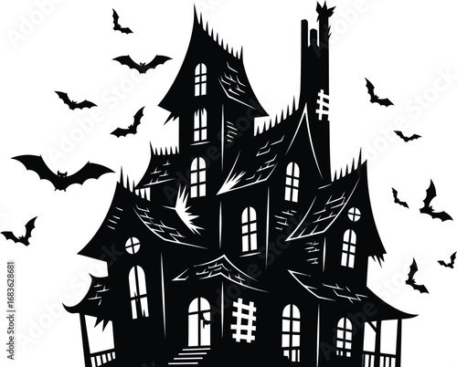 Spooky haunted house silhouette with bats flying around for halloween night