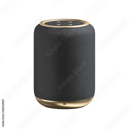 A dark gray portable speaker with a gold accent