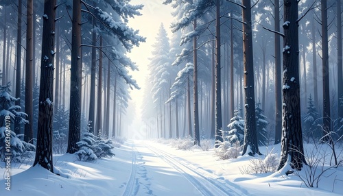 Winter forest path, snow-covered trees