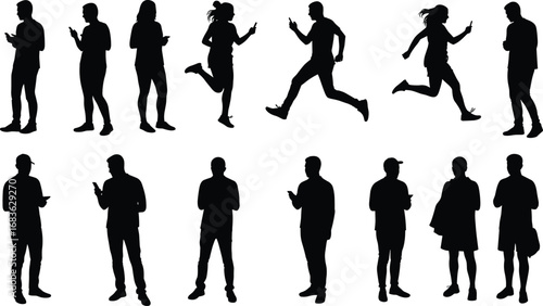 Black silhouette people using smartphones in various poses, standing and walking, modern lifestyle concept, mobile device addiction vector illustration
