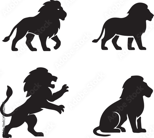 Black silhouette vector illustration of various wild animals and domestic pets like elephants, rhinoceros, horses, dogs, and cats isolated on white