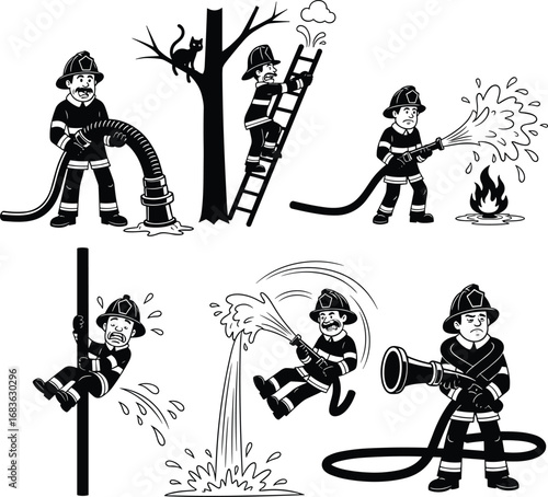 Cartoon firefighter illustrations showing fire hose spraying, climbing ladder, rescuing cat, fireman sliding pole, water splash and extinguishing fire.