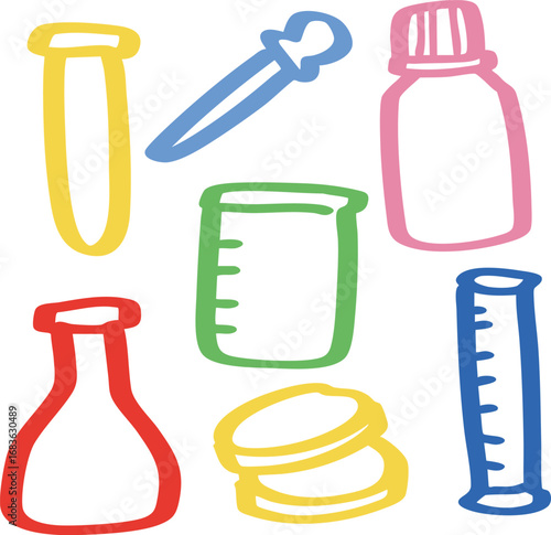 Colorful Doodle Laboratory Equipment Set Illustration. Perfect for educational materials, school projects, science posters, infographics, digital graphics, stickers, and children’s learning content.