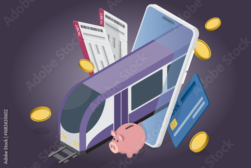 Digital application for smartphone. Online public transport tickets, credit card, smartphone with train and piggy safe. 3d flat isometric vector illustration.