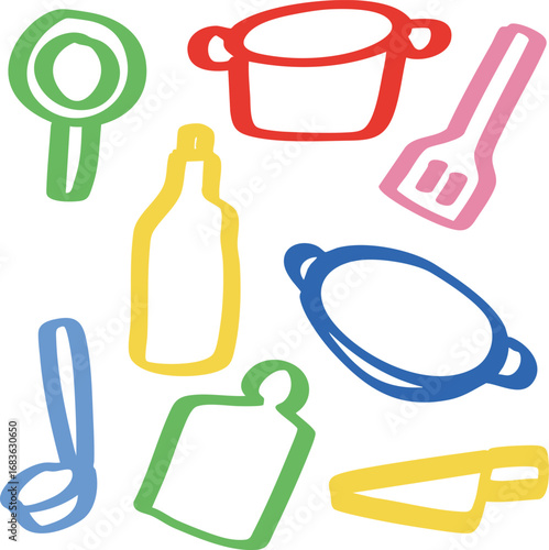 A simple and colorful hand drawn doodle set featuring various cooking utensils. Perfect for recipe books, cooking blogs, food packaging, posters, digital graphics, stickers, and educational materials.
