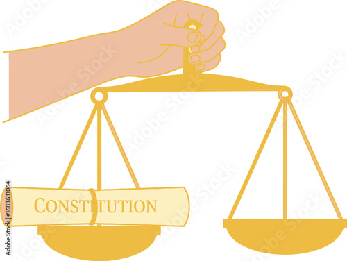 Hand holding scales of justice with constitution document, legal balance concept