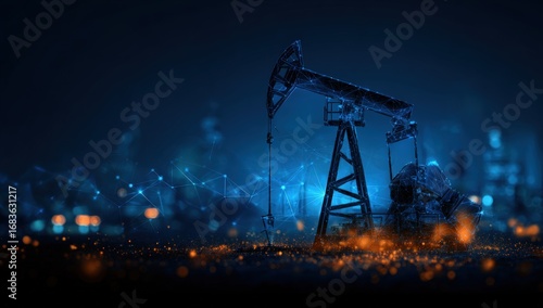 Oil pump jack at night with abstract city backdrop