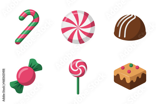 Christmas candy and sweets vector illustrations, festive holiday dessert design, cheerful seasonal treats art, decorative celebration graphics, colorful candy elements