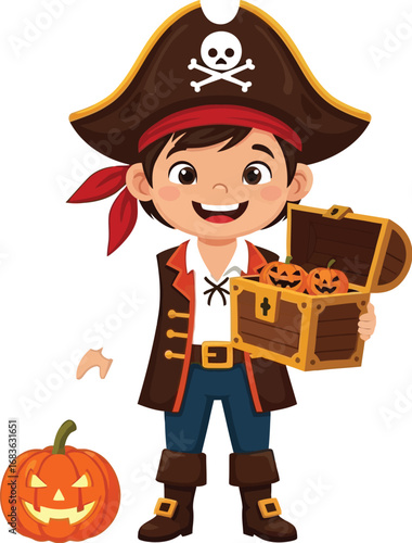 Boy dressed as pirate holding treasure chest with pumpkins for halloween fun