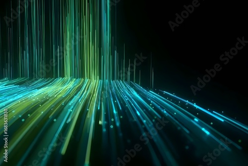 A 3D rendering of an abstract background with light green and blue neon lines, creating a dynamic motion effect on a dark backdrop. The composition is a vertical view looking up at the horizon line, 