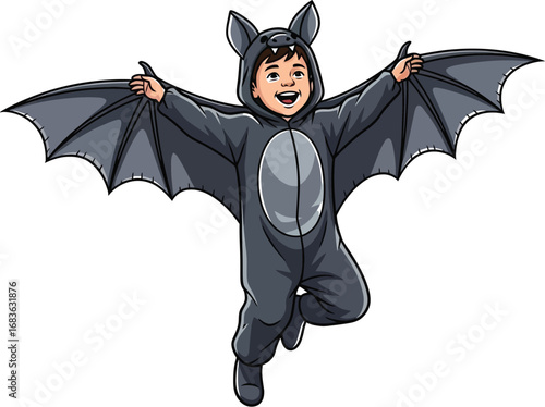 Cheerful child dressed in a bat costume happily jumping with arms outstretched