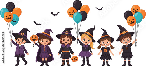Group of cute kids dressed as witches with balloons celebrating Halloween party