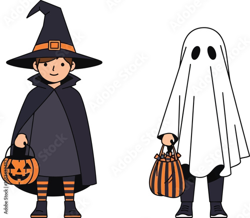 Children dressed in halloween costumes of a witch and ghost ready to trick or treat