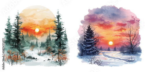 winter sunset scene watercolor vector illustration