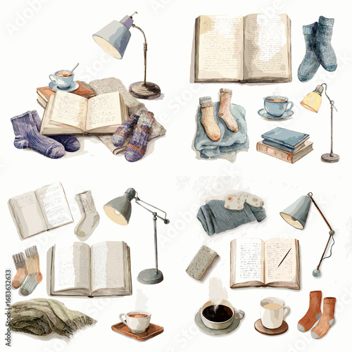 Watercolor cozy lifestyle illustration with books, socks, tea cups, lamps, and blankets, creating a warm hygge reading atmosphere.