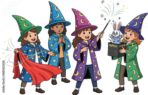 Group of young children dressed as wizards performing magic tricks together