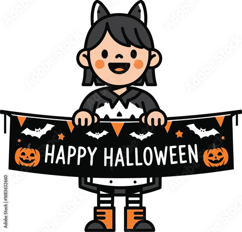 Child in cat costume holding happy halloween banner with pumpkins and bats art