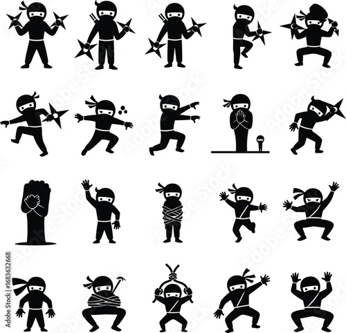 Cartoon ninja character vector set showing various martial arts poses, expressions, weapons, training moves, and fighting stances.