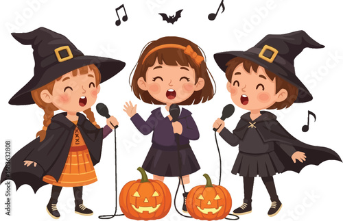 Children in halloween costumes sing into microphones with pumpkins and music notes