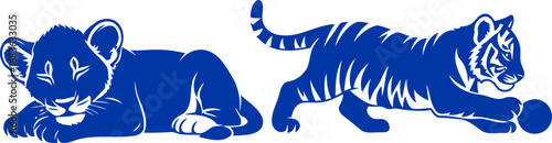 cobalt blue cub silhouettes a symbol of playful rest and untamed potential, isolated on transparent background
