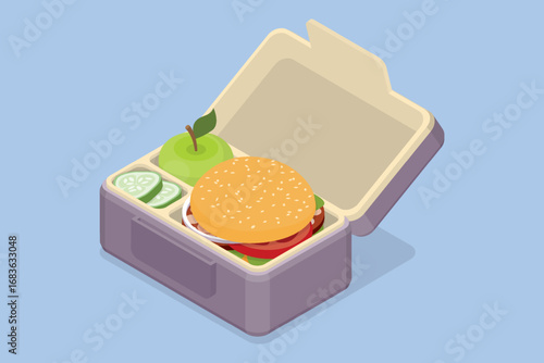 Lunch box. Container with sandwich, apple and vegetables. Homemade nutrition. Healthy food concept. 3d flat isometric vector illustration.