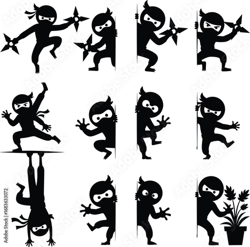 Cartoon ninja stealth action vector set with hiding, spying, tiptoeing, sneaking, and throwing poses for comic or illustration use.