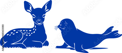 cobalt blue fawn and seal silhouettes a unique wildlife duo, peaceful coexistence, natures gentle harmony, isolated on transparent background