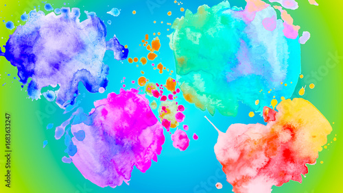 Vibrant abstract watercolor background with colorful splashes and patterns. Ideal for wallpapers, backdrops, digital art, presentations, and creative projects.