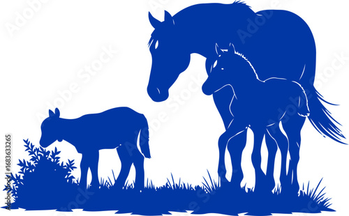 cobalt blue horse family silhouette a symbol of protective maternal love, enduring family bonds, and peaceful rural life, isolated on transparent background