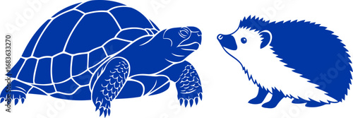 cobalt blue tortoise and hedgehog silhouettes a gentle encounter, symbolic of slow and steady, peaceful coexistence, isolated on transparent background