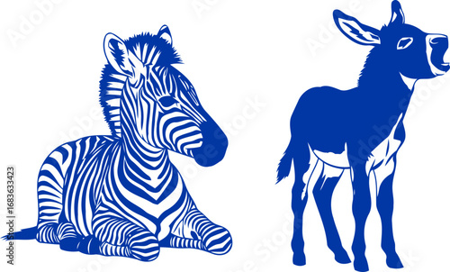 cobalt blue zebra and donkey silhouettes a serene contrast, peaceful coexistence, and unexpected friendship, isolated on transparent background