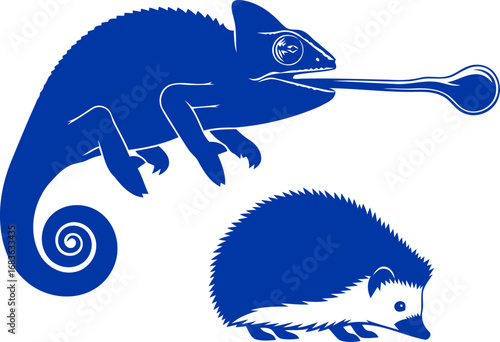 cobalt chameleon and hedgehog silhouettes a whimsical duet of adaptation, survival, and vibrant blue, isolated on transparent background