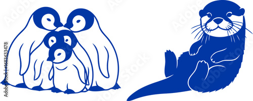 cobalt penguin family and otter silhouettes antarctic harmony, coastal serenity, wildlife unity, isolated on transparent background