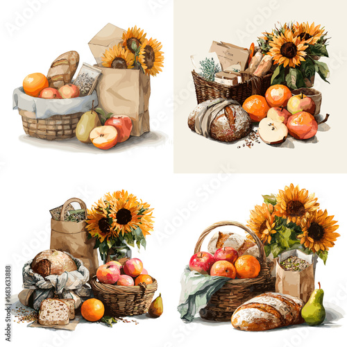 Watercolor rustic still life illustration with baskets of bread, apples, pears, oranges, sunflowers, and paper bags in cozy autumn harvest theme.
