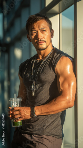 After completing a workout session at the gym, an Asian man savors a chilled matcha drink while standing in a sunlit spot, highlighting his refreshment and relaxation
