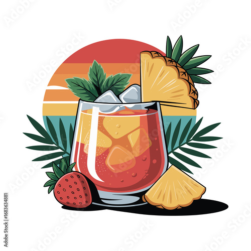 Vibrant tropical cocktail with pineapple and strawberry garnishes at sunset