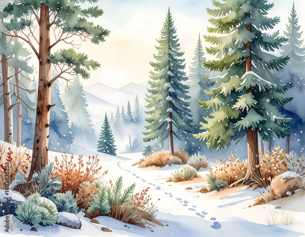 Obraz premium A tranquil winter scene portrays a snow-covered forest path, adorned with delicate watercolor brushstrokes and a soft, inviting light.