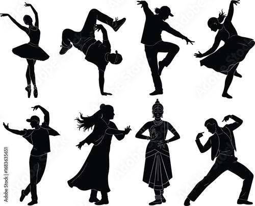 Diverse dance silhouettes including ballet, hip hop, contemporary, traditional, and breakdance poses in dynamic and expressive dance vector art.