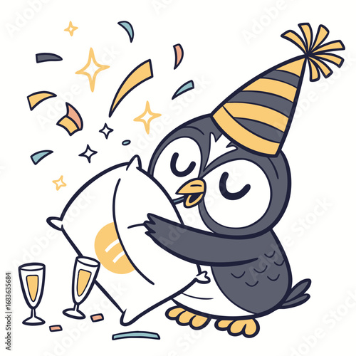 Cute Content Owl, accessorized with hugging a pillow, in a New Year celebration world – Midnight Sparkle palette vector