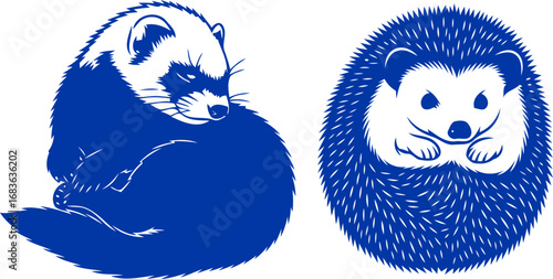 peaceful blue ferret and hedgehog duo serene wildlife silhouette illustration, isolated on transparent background