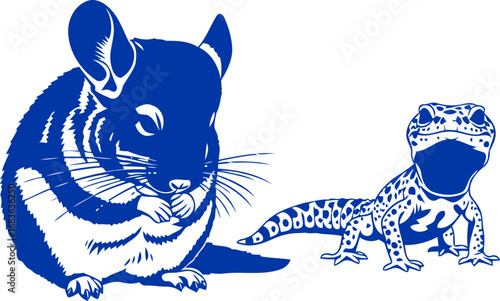 peaceful coexistence blue chinchilla and leopard gecko silhouettes, a symbol of harmony and quiet contentment, isolated on transparent background