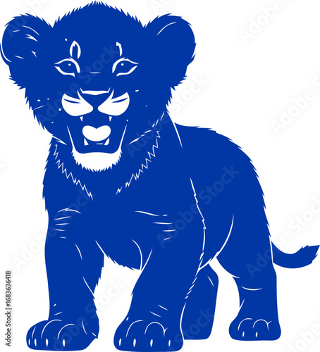 playful cobalt blue lion cub silhouette a symbol of youthful energy, wild spirit, and untamed potential, isolated on transparent background
