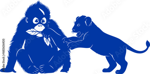 playful cobalt cub and orangutan an unexpected friendship, bold blues, vibrant wildlife, isolated on transparent background